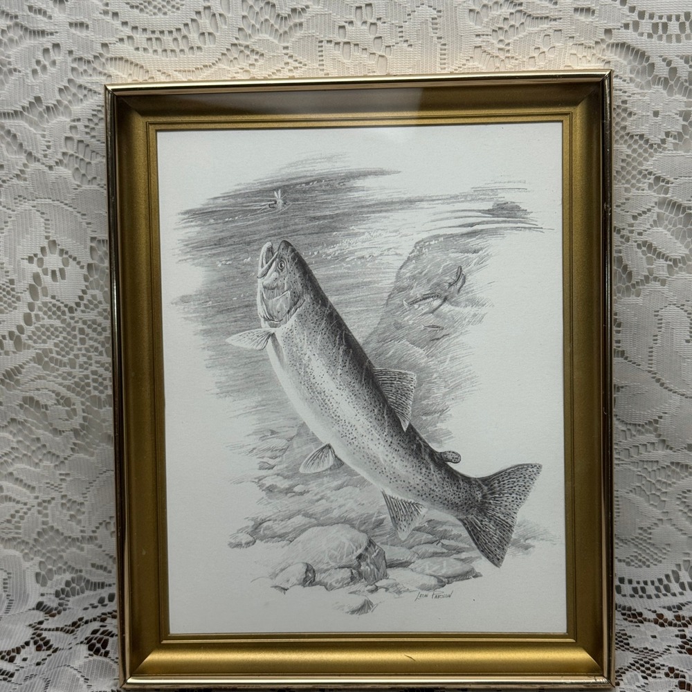 Leon Parson Signed Trout Fly Fishing Wildlife Art Print Gold Frame Rustic Home